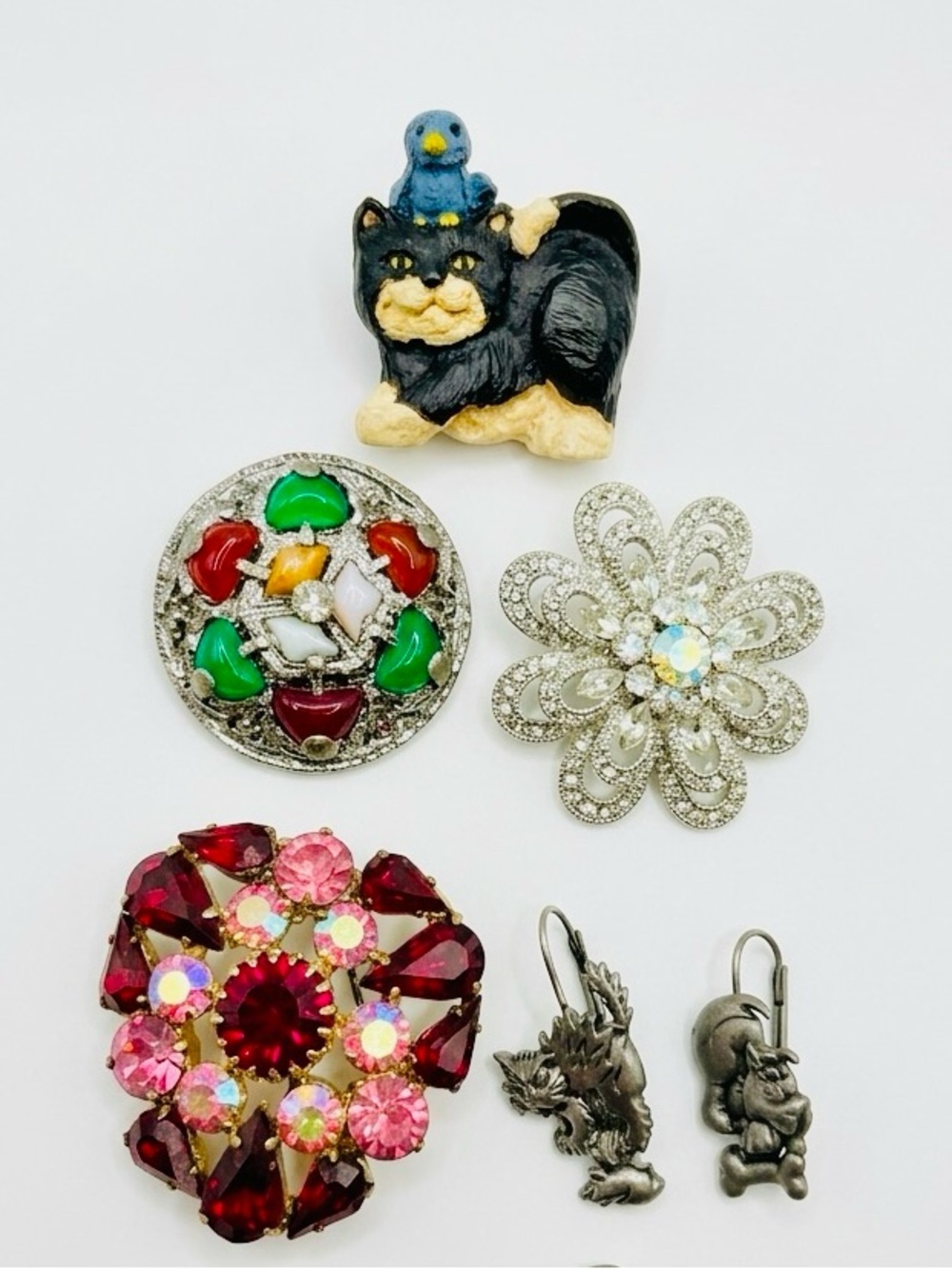 Vintage JJ earrings and assorted Brooches